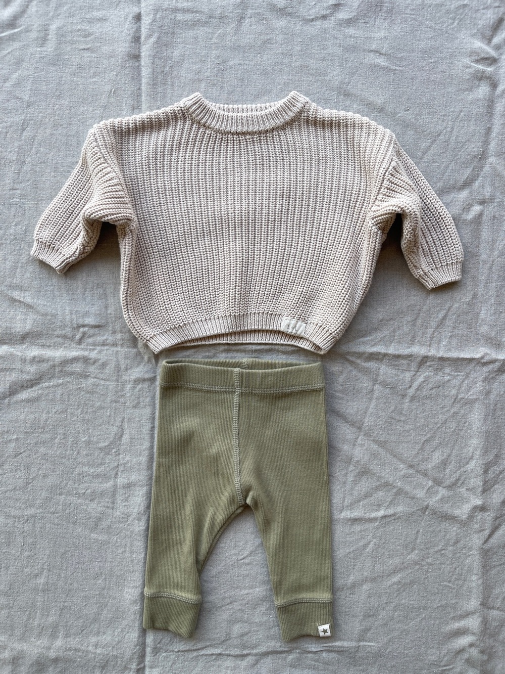 Little Lovie Cream Knit Sweater with Zara Olive Green Leggings